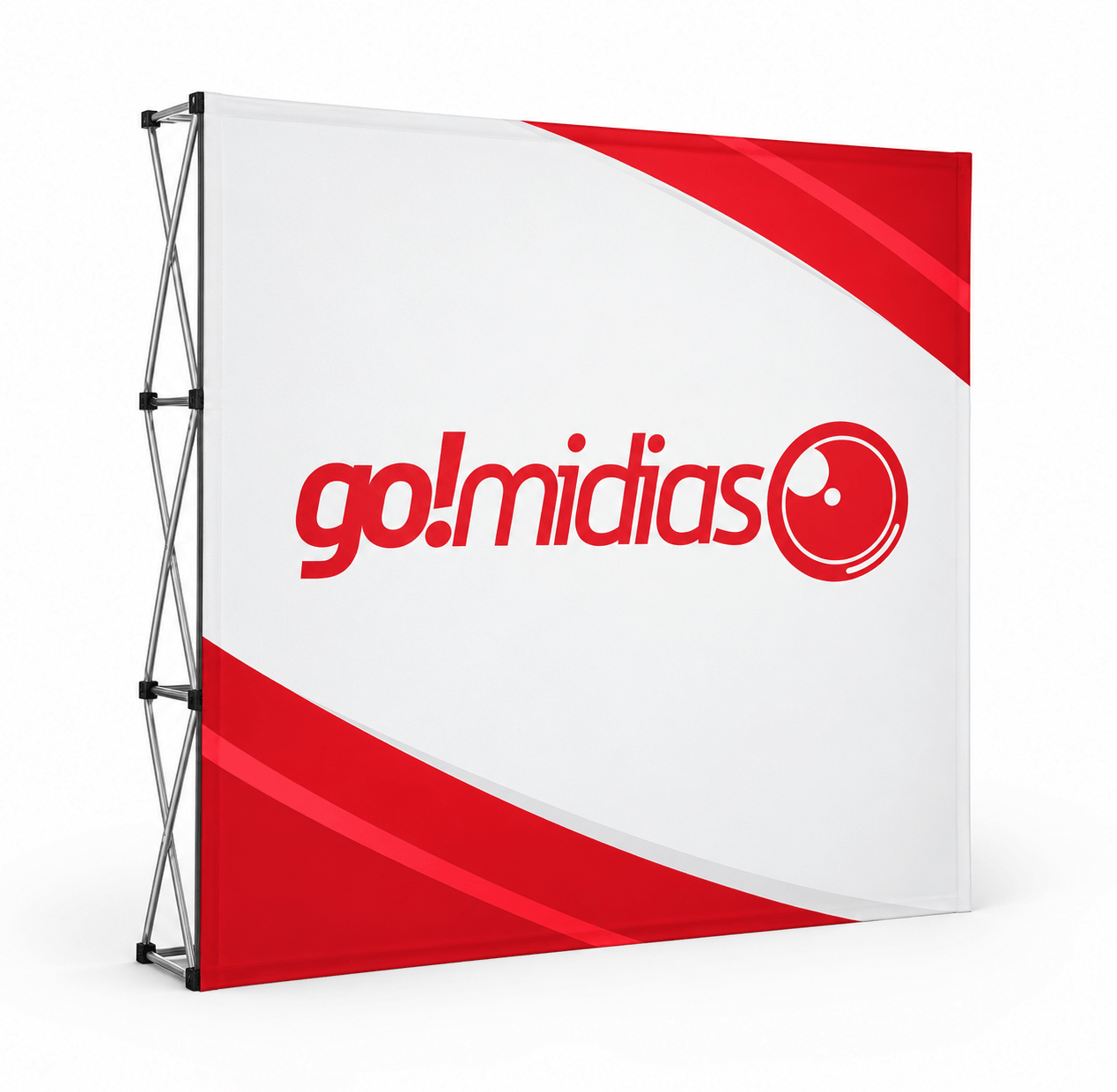 Painel Pantográfico Backdrop GoMídias personalizado em tecido Oxford com estrutura retrátil para eventos